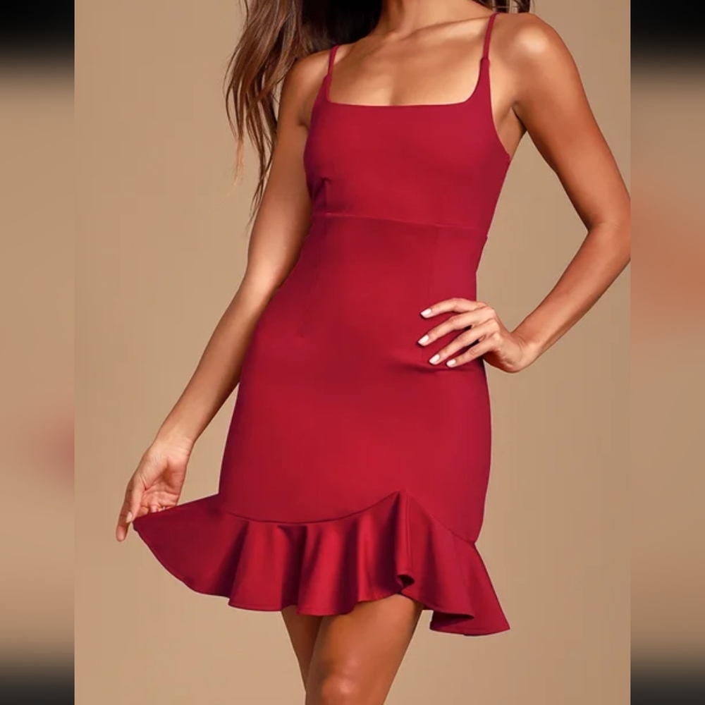 Lulu's Heart Eyes Red Ruffled Bodycon Mini Dress, Size XS